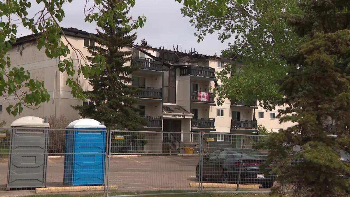 The aftermath of an apartment fire in the Wyndham Crossing complex at 4908 134 Ave. in northeast Edmonton on Wednesday, May 7, 2025.