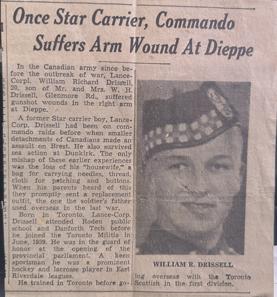 A newspaper clipping featuring a photo of William Drissell, a Canadian soldier in the Second World War.