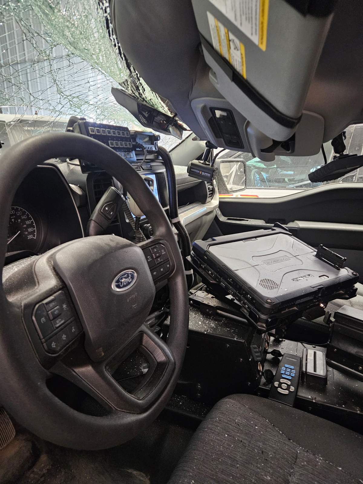 A stolen trackhoe (excavator) destroyed five cruisers at the Bonnyville RCMP detachment on Saturday, May 3, 2025.