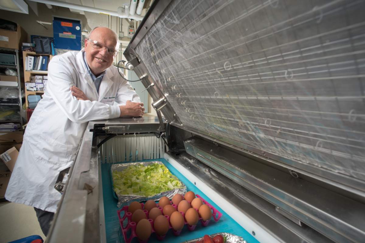 The U of G food safety professor has developed a technology that combines hydrogen peroxide, UV light and ozone to create hydroxyl radicals, which kill 99 per cent of pathogens.