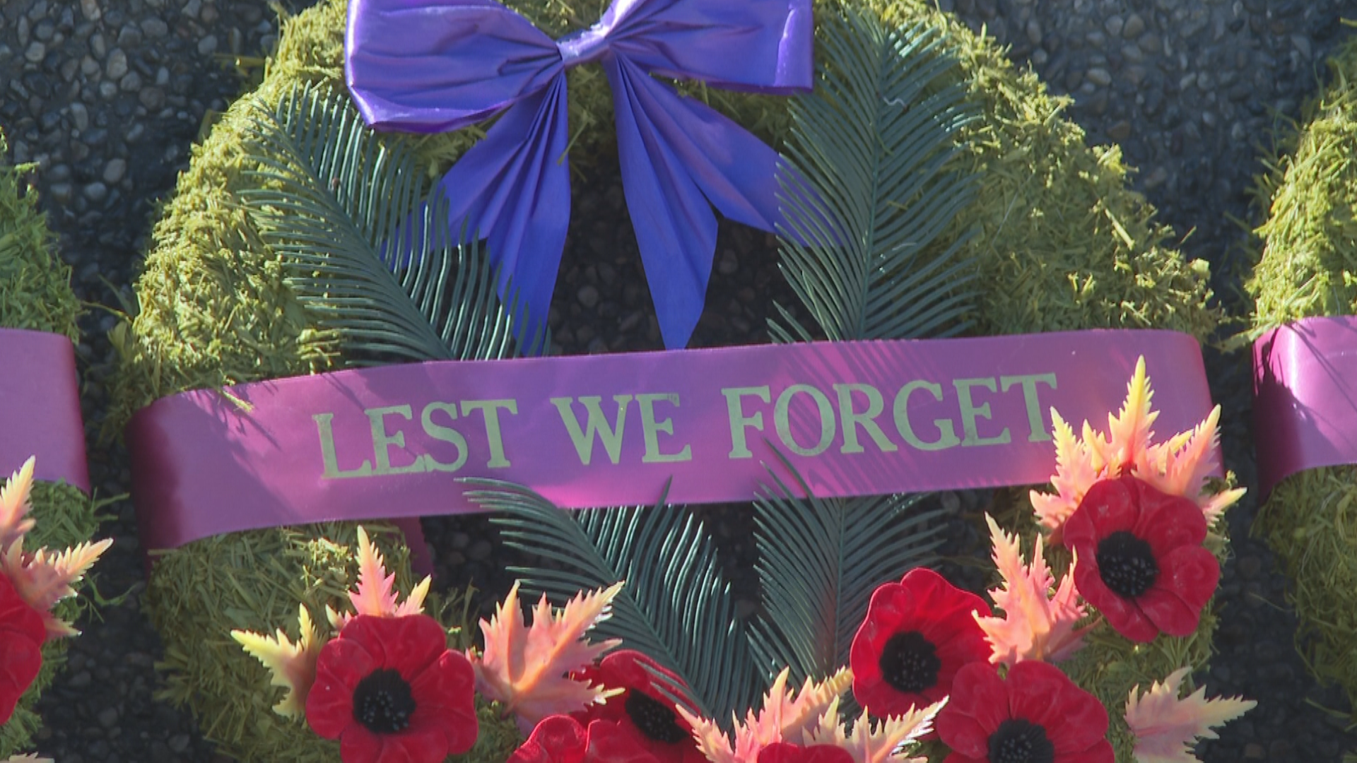 A wreath laid on May 8, 2025 at Mountainview Cemetery in Lethbridge in honour of the lives lost during the Second World War.