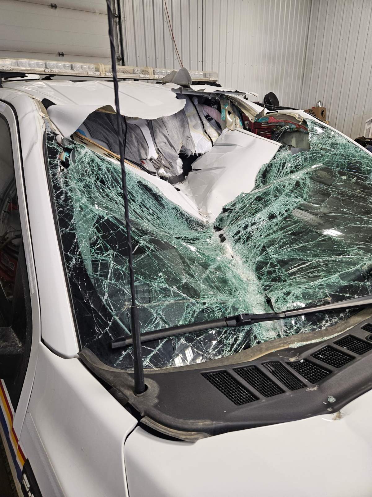 A stolen trackhoe (excavator) destroyed five cruisers at the Bonnyville RCMP detachment on Saturday, May 3, 2025.