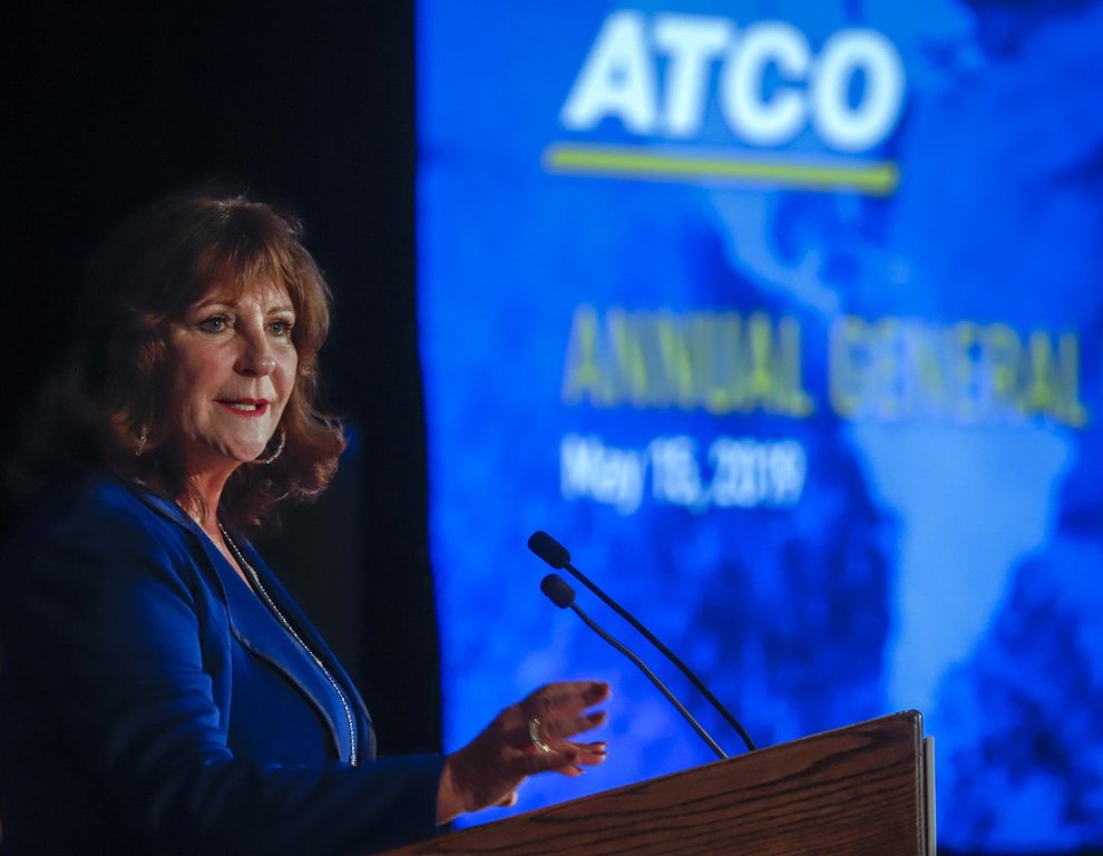 ATCO chief executive officer Nancy Southern addresses the company's annual meeting in Calgary on Wednesday, May 15, 2019.  