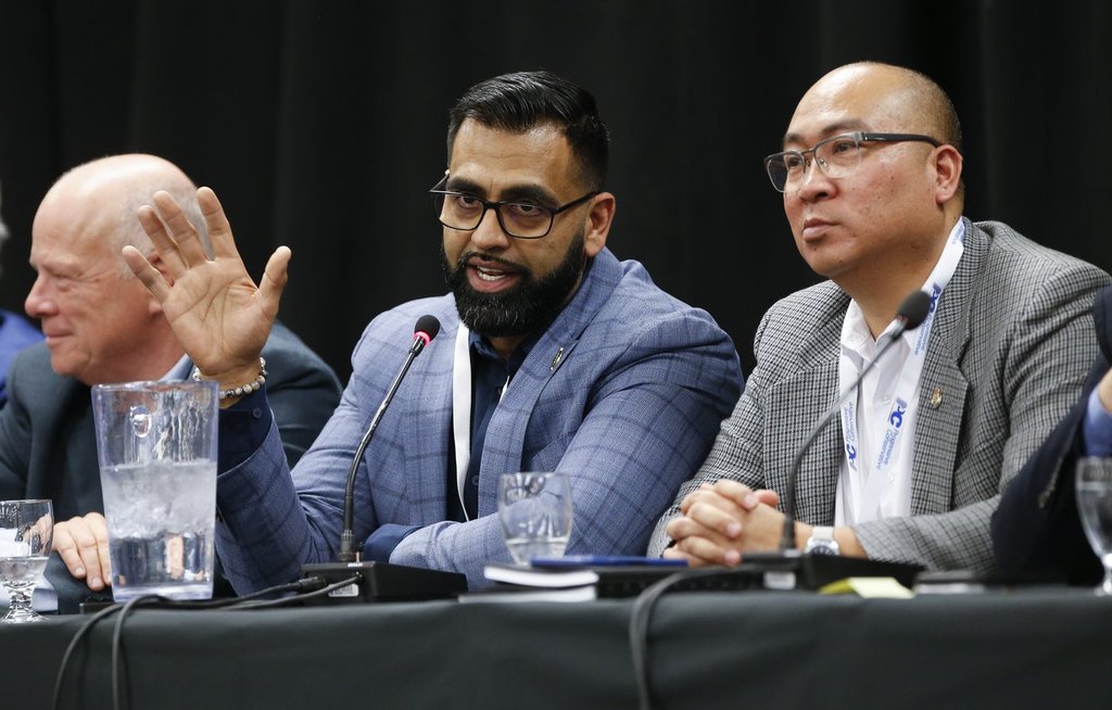 Manitoba PC MLA Obby Khan speaks at a Ministerial Bear Pit Session during the Progressive Conservative Party's annual general meeting at the convention centre in Winnipeg on Saturday, April 15, 2023.  THE CANADIAN PRESS/John Woods.