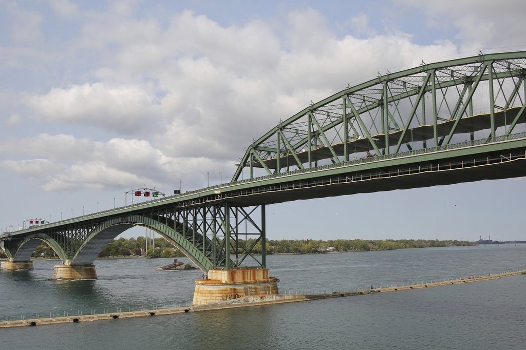 FILE - In this Sept. 22, 2020, file photo, the Peace Bridge in Buffalo, N.Y., is viewed. The Peace Bridge connects Buffalo, N.Y., with Fort Erie, Ontario. THE CANADIAN PRESS/AP-Jeffrey T. Barnes.