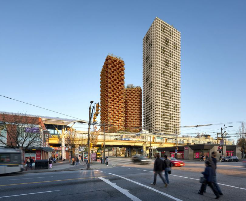 A rendering of the trio of proposed towers for Commercial and Broadway in Vancouver.
