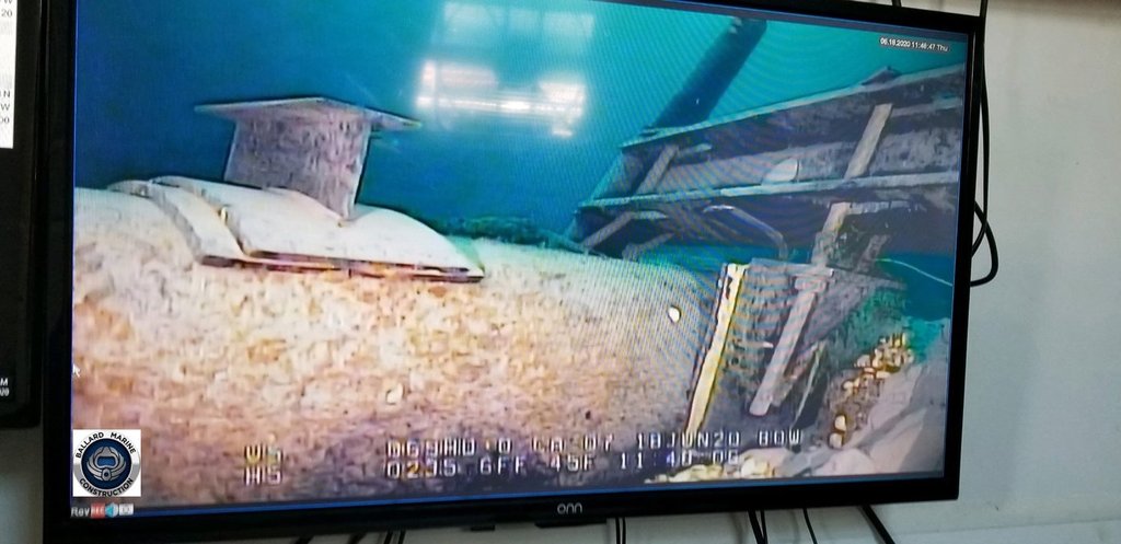 In this photo shot from a television screen provided by the Michigan Department of Environment, Great Lakes, and Energy in June 2020, shows damage to anchor support EP-17-1 on the east leg of the Enbridge Line 5 pipeline within the Straits of Mackinac in Mich.