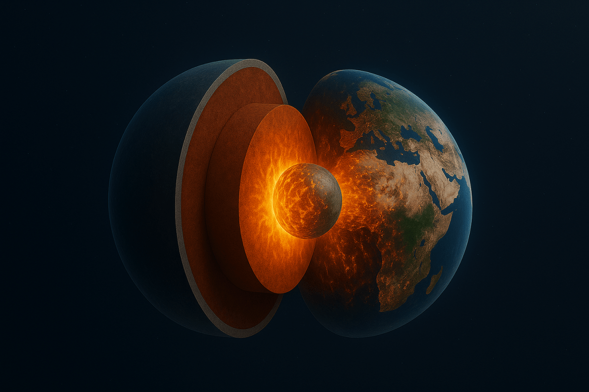 Graphic representation of Earth’s shell structure showing the super-heated metallic inner core in the centre, followed by the solid outer core, the rocky mantle and the thin crust towards the surface.