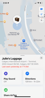 A screenshot from Julie Taillefer’s phone, showing her AirTag inside her luggage at Calgary International Airport. It was last located several hours after all the bags from her flight had been collected.