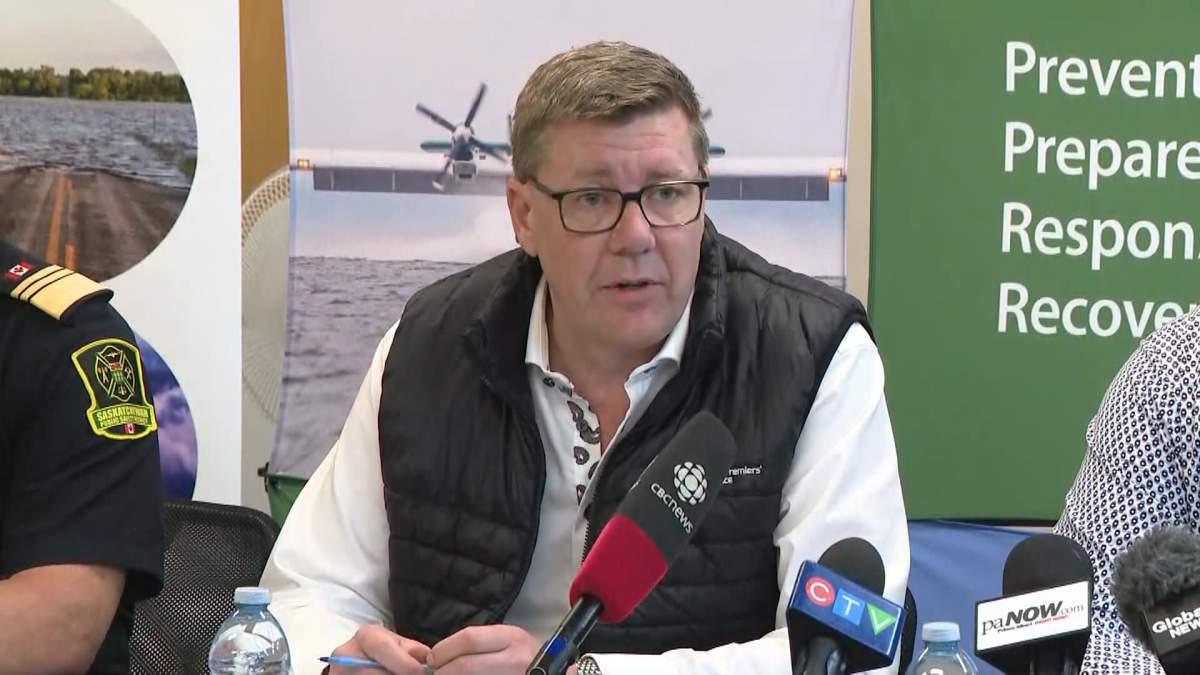 Saskatchewan Premier Scott Moe, speaks at a news conference in Prince Albert, Sask. on Thursday where he announced the province was declaring a state of emergency because of the growing number of wildfires.