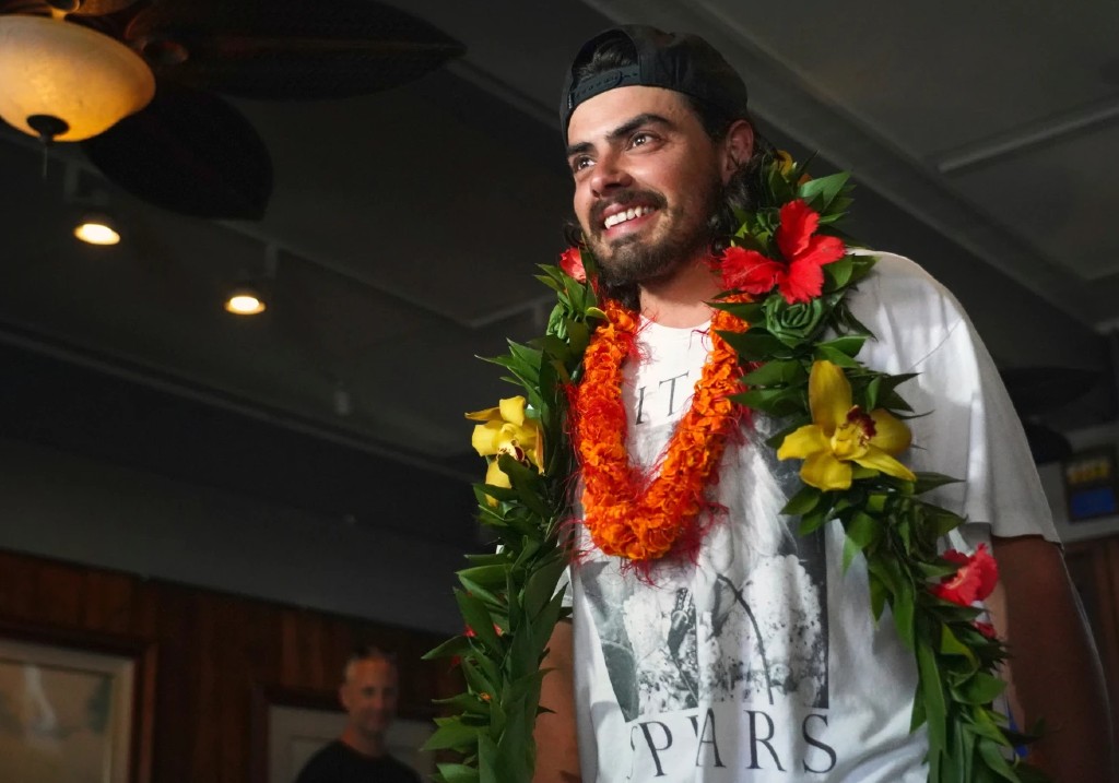 Oliver Widger, 29-year-old Oregon man who sailed from Oregon to Hawaii, arrives at the Waikiki Yacht Club, on Saturday, May 24, 2025.