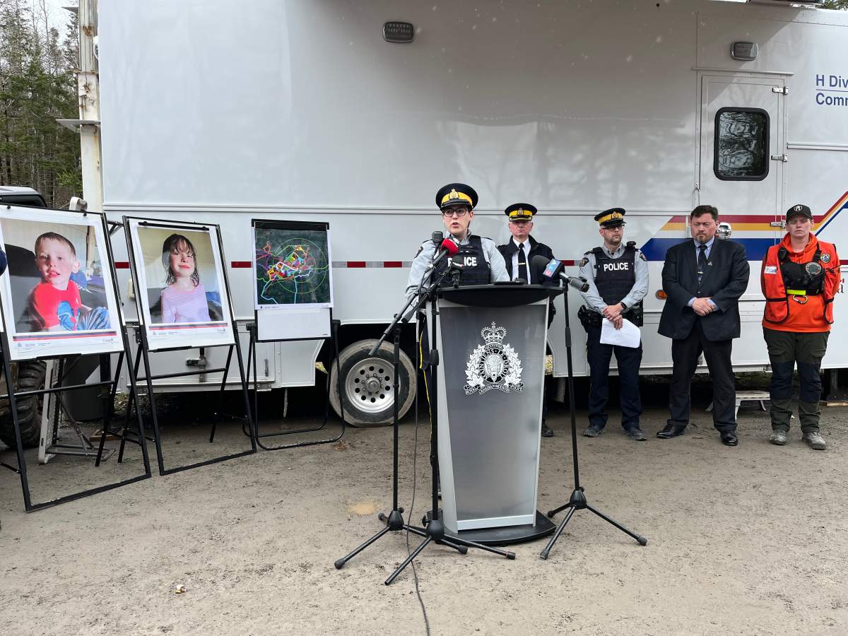 RCMP speak to the media on May 7, 2025 to update the search for Lilly and Jack Sullivan in Pictou County, N.S.
