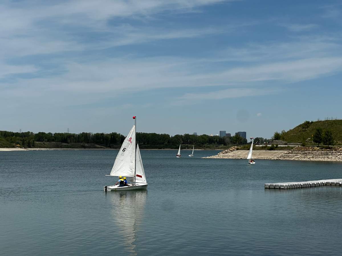 Sailors enjoying a beautiful sunny day on the Glenmore headpond in Calgary, but Environment Canada has issued a severe thunderstorm watch that could include nickel-sized hail and wind gust up to 100 km/h.