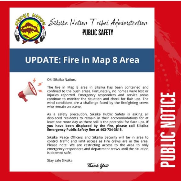 An update, posted on social media by the Siksika Nation Tribal Association, said firefighters have managed to contain the fire burning south of Cluny.