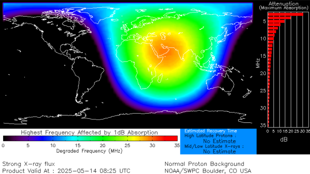 This image provided by the Space Weather Prediction Center at the U.S National Oceanic and Atmospheric Administration shows the energy generated by an X2.7 solar flare on May 14, 2025, over parts of the Earth.