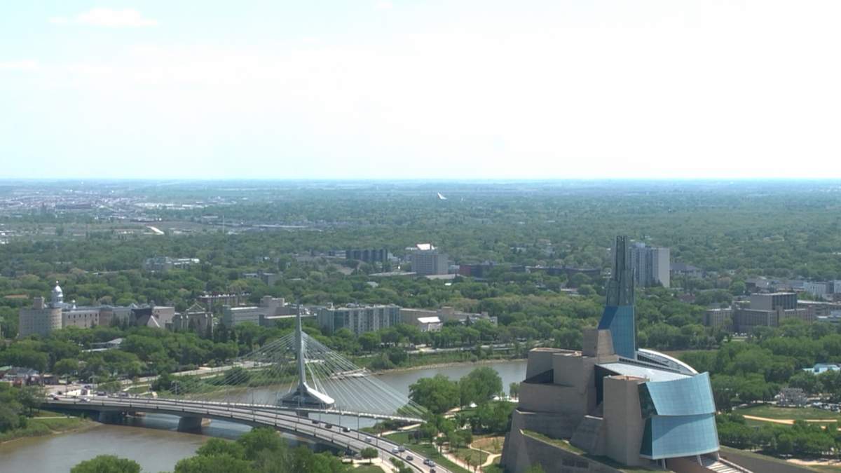 The sky over Winnipeg was hazy on Monday as Environment Canada warned residents of deteriorating air quality from wildfire smoke drifting in from the north.