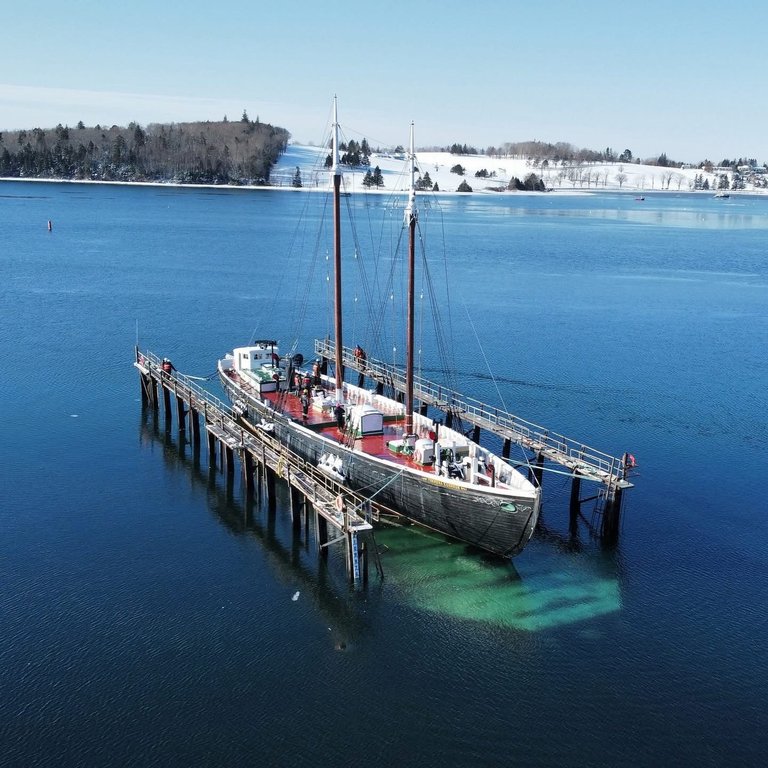 The schooner Theresa E. Connor, a floating exhibit at Nova Scotia’s Fisheries Museum of the Atlantic in Lunenburg, is shown in this handout image while being moved to the Lunenburg Shipyard in February 2025. The vessel is being assessed to see what it will cost to safely return her to the water. THE CANADIAN PRESS/HO - Lunenburg Shipyard *MANDATORY CREDIT*.