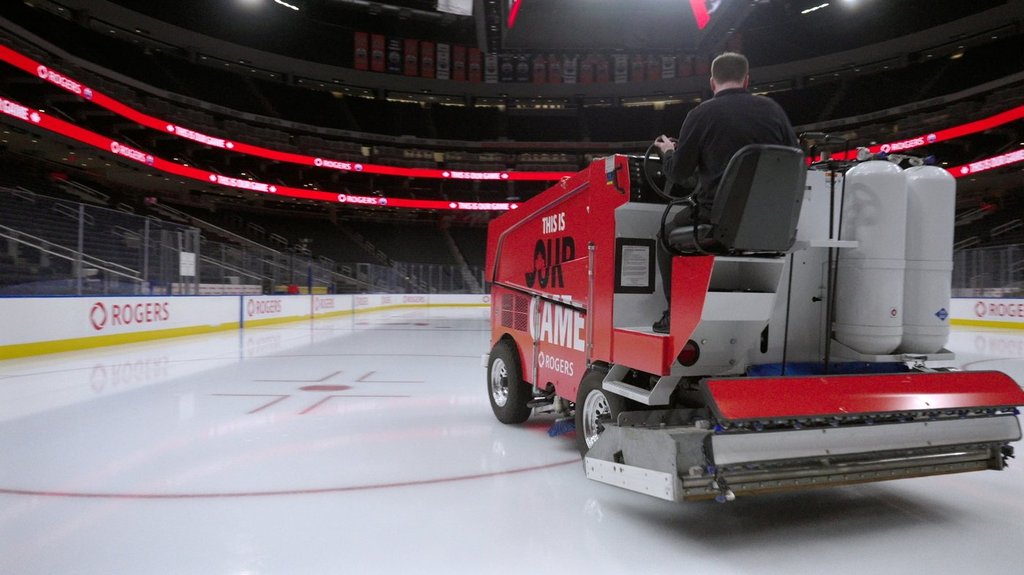 Matthew Messer, the director of engineering and operations at Rogers Place in Edmonton, is seen in this handout photo, resurfacing the ice ahead of Game 1 of the Stanley Cup Final on Monday, June 2, 2025.