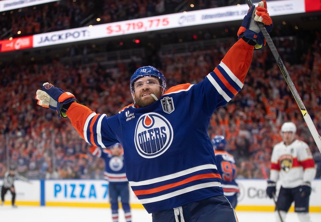 Edmonton Oilers' Leon Draisaitl (29) celebrates his game-winning goal against the Florida Panthers in the first overtime period in Game 1 of the NHL Stanley Cup final in Edmonton, Wednesday, June 4, 2025.