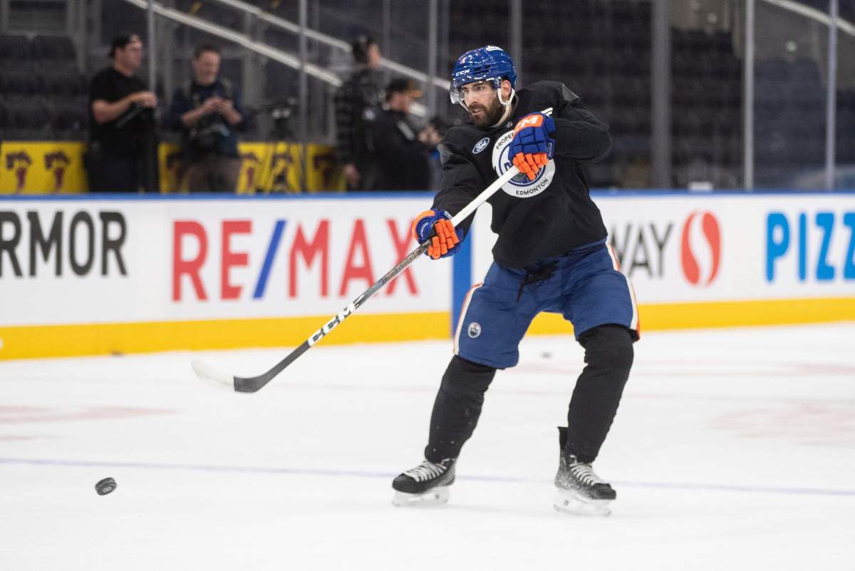 Edmonton Oilers' Evan Bouchard (2) takes part in practice before game 1 of the Stanley Cup final against the Florida Panthers in Edmonton on Tuesday, June 3, 2025.