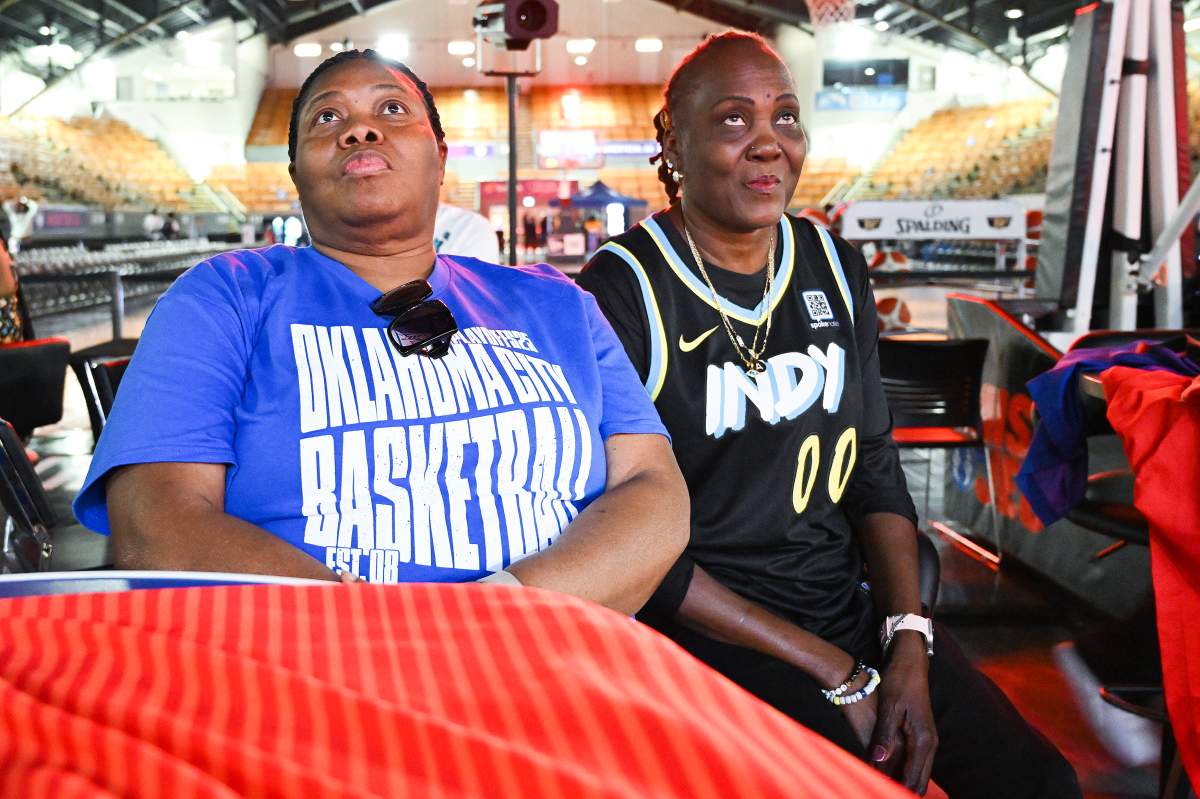 Erline Mortel, left, and Elvie Jeune, mother’s of NBA players Luguentz Dort, and Bennedict Mathurin, pose for a photo in Montreal, Sunday, June 8, 2025, during a watch party for game two of the NBA basketball final between the Indiana Pacers and Oklahoma City Thunder.