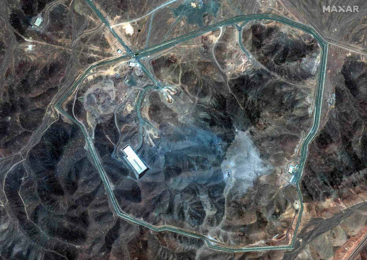 This satellite image provided by Maxar Technologies shows damage at the Fordo enrichment facility in Iran after U.S. strikes, Sunday, June 22, 2025.