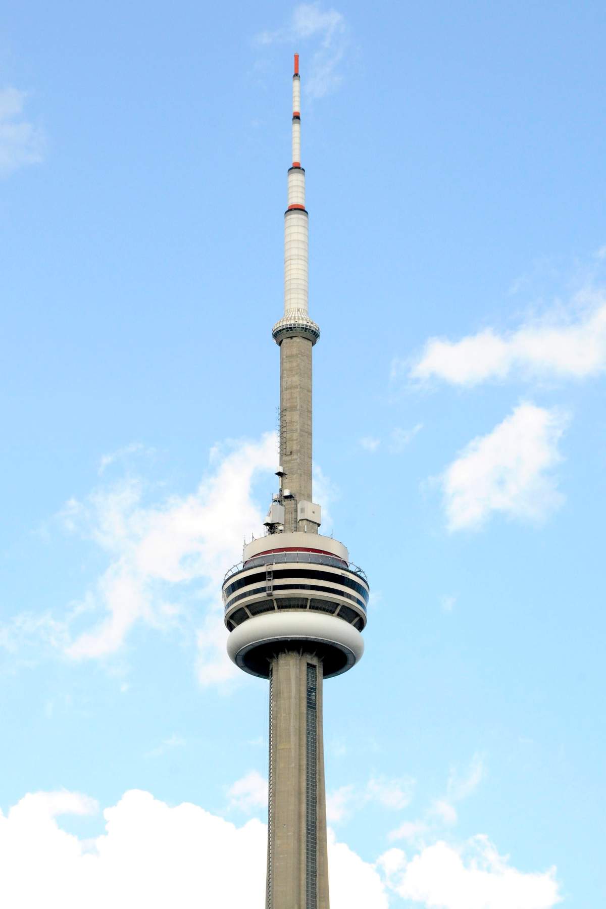 A new attraction will be opened to thrill seekers on August 1, 2011. CN Tower's newest attraction The EdgeWalk, featuring a 1.5 meter sky walk on the edge of the CN Tower for thrill seeker to walk on is the highest of it kind in the world at 356 metres. In picture taken July 29, 2011, CN Tower's The EdgeWalk with the distinct safety and harness rail as seen from the ground just above the 360 Restaurant and the observation deck. 
 