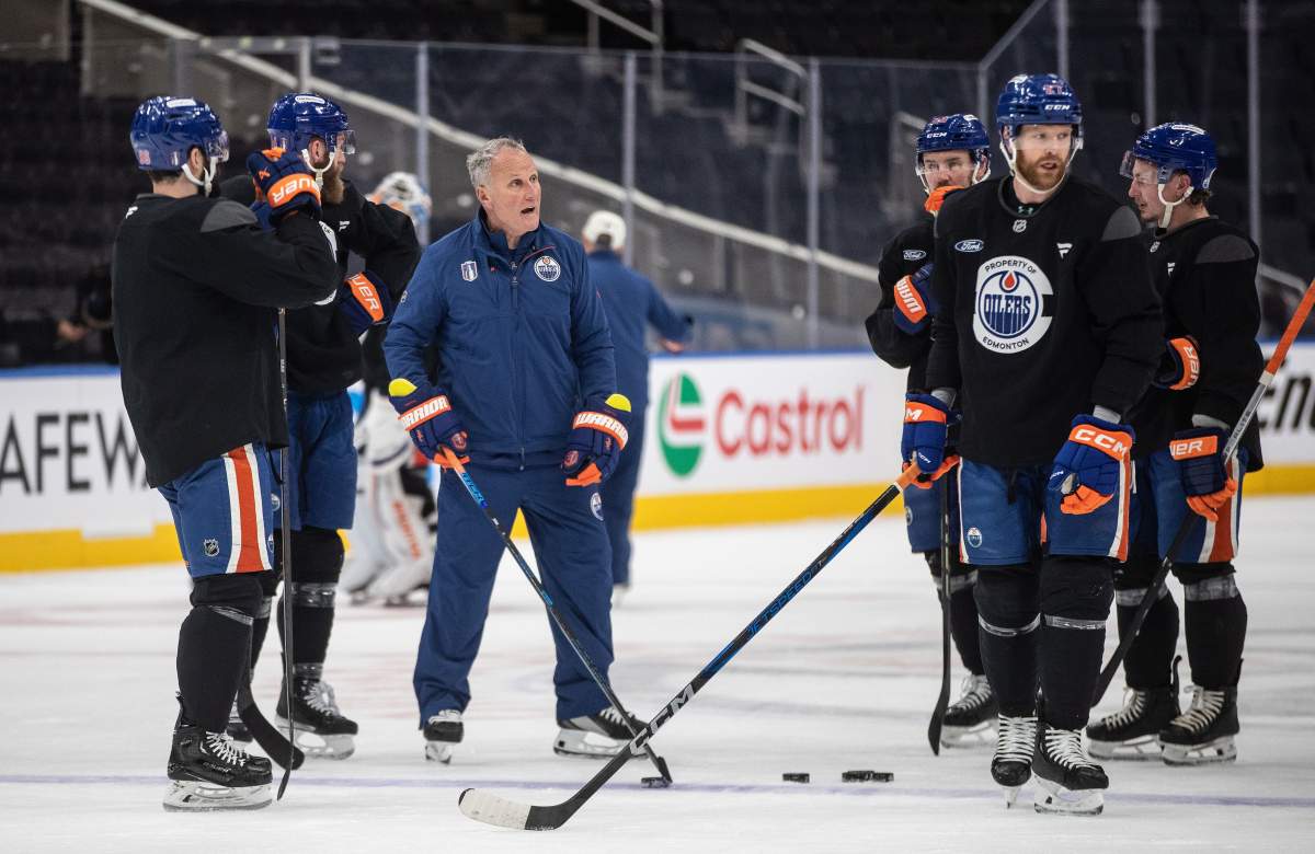 Edmonton Oilers assistant coach Paul Coffey talks players duing practice before game 1 of the Stanley Cup final against the Florida Panthers, in Edmonton on Tuesday, June 3, 2025.