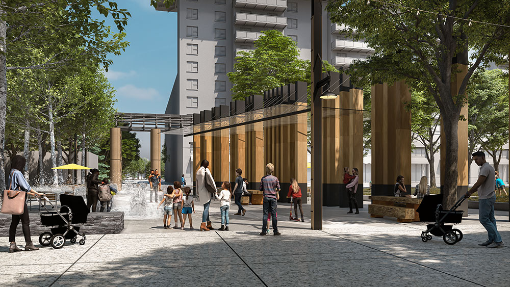 A rendering of the Eau Claire Plaza redesign. The reimagined space will open July 1, 2025.