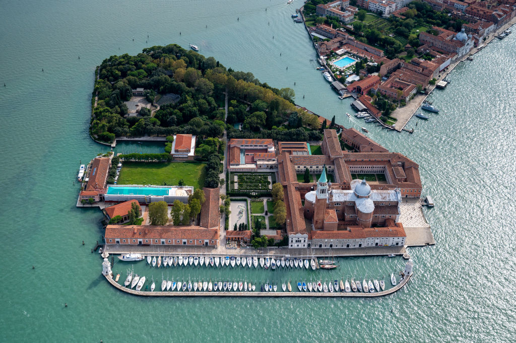 Aerial view, from a helicopter, of the Island of San Giorgio Maggiore, a small island located opposite St. Mark's Square in Venice, Italy.