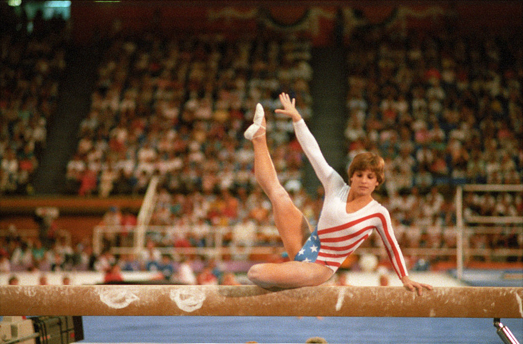Mary Lou Retton in action on balance beam during Women's All-Around Team competition at Pauley Pavilion at the 1984 Summer Olympics in Los Angeles, CA.