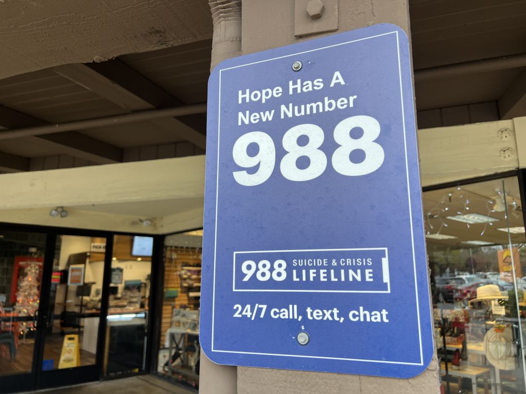 Sign for the 988 Lifeline mental health emergency hotline, Walnut Creek, California, December 20, 2024.