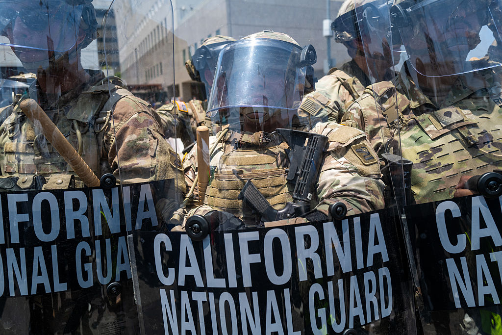 Demonstrators protest outside a downtown jail in Los Angeles following two days of clashes with police during a series of immigration raids on June 08, 2025 in Los Angeles, California. Tensions in the city remain high after the Trump administration called in the National Guard against the wishes of city leaders.