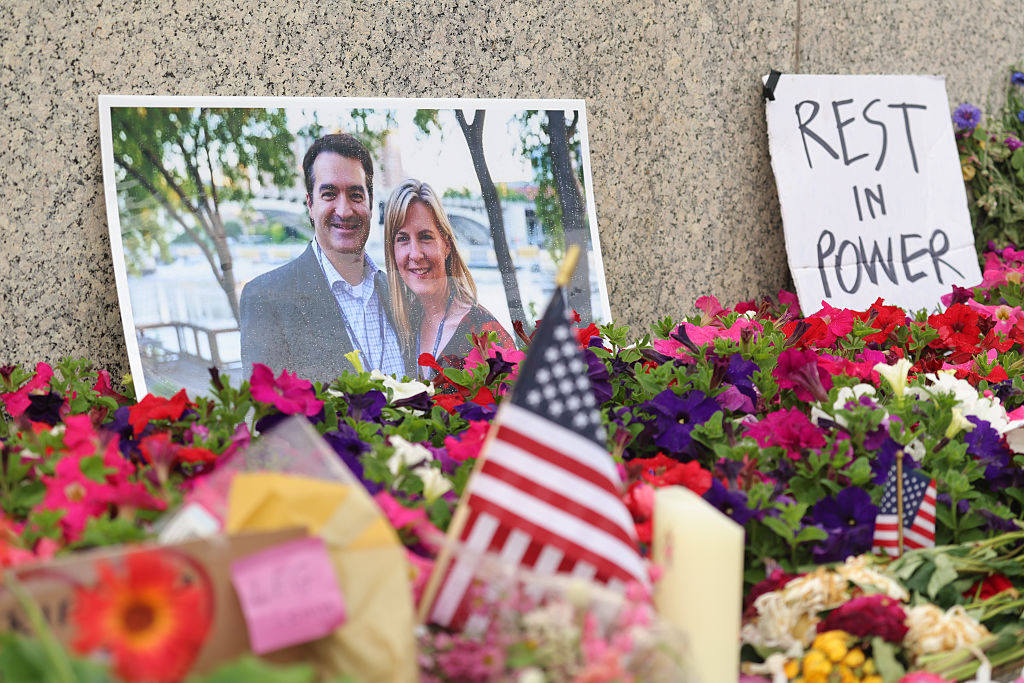A makeshift memorial for DFL State Rep. Melissa Hortman and her husband Mark Hortman is seen at the Minnesota State Capitol building on June 16, 2025 in St. Paul, Minnesota. Law enforcement agencies captured a suspect in the killing of DFL State Rep. Melissa Hortman and her husband, Mark Hortman, who were shot at their home on June 14th.