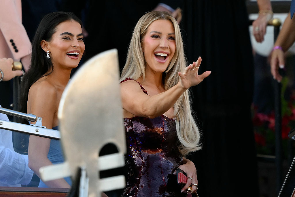 Ellie Goulding (R) leaves the Gritti Palace Hotel on the wedding day of Amazon founder Jeff Bezos with Lauren Sanchez, in Venice on June 27, 2025.
