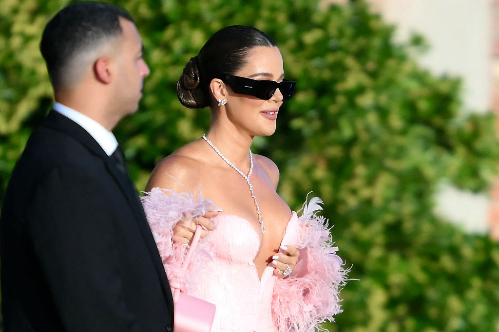 Khloe Kardashian arrives at San Giorgio Maggiore on the wedding day of Amazon founder Jeff Bezos with Lauren Sanchez, in Venice on June 27, 2025.