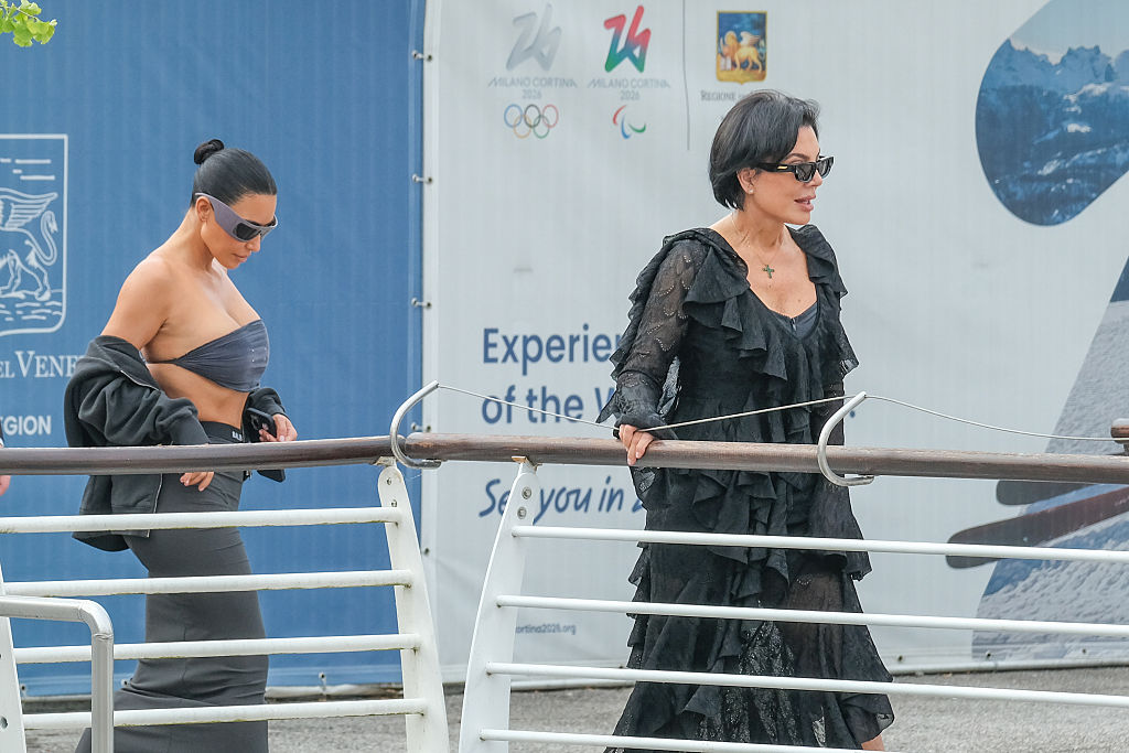 Kim Kardashian arrives at Marco Polo Airport for the Jeff Bezos and Lauren Sanchez Wedding on June 26, 2025 in Venice, Italy.