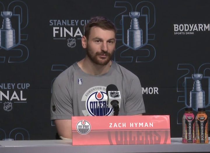 Oilers forward Zach Hyman speaks with reporters in Edmonton on June 4, 2025.