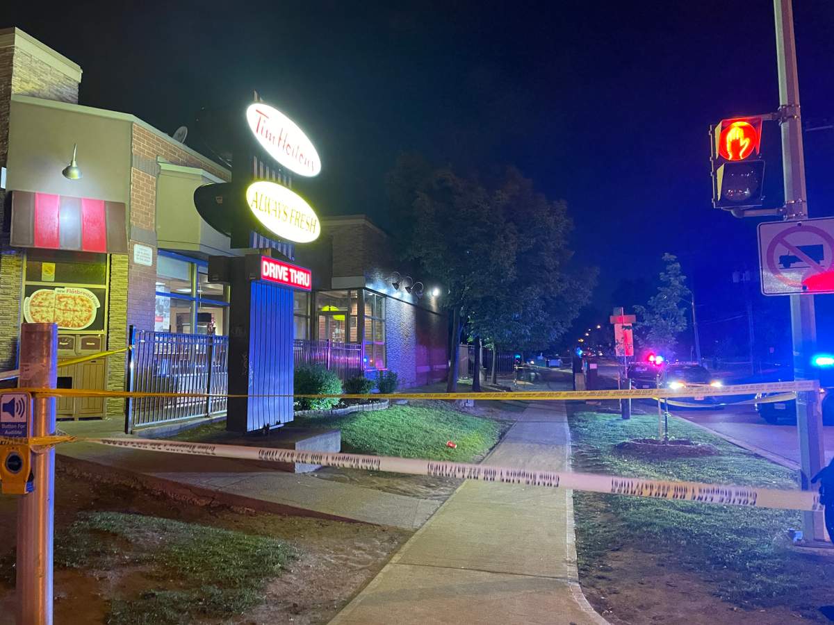 One person shot at corner of Cedar Dr and Eglinton Ave outside a Tim Hortons in Toronto Sunday night.