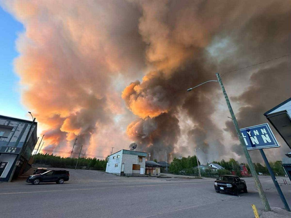 A wildfire burns in the northern Manitoba town of Lynn Lake.