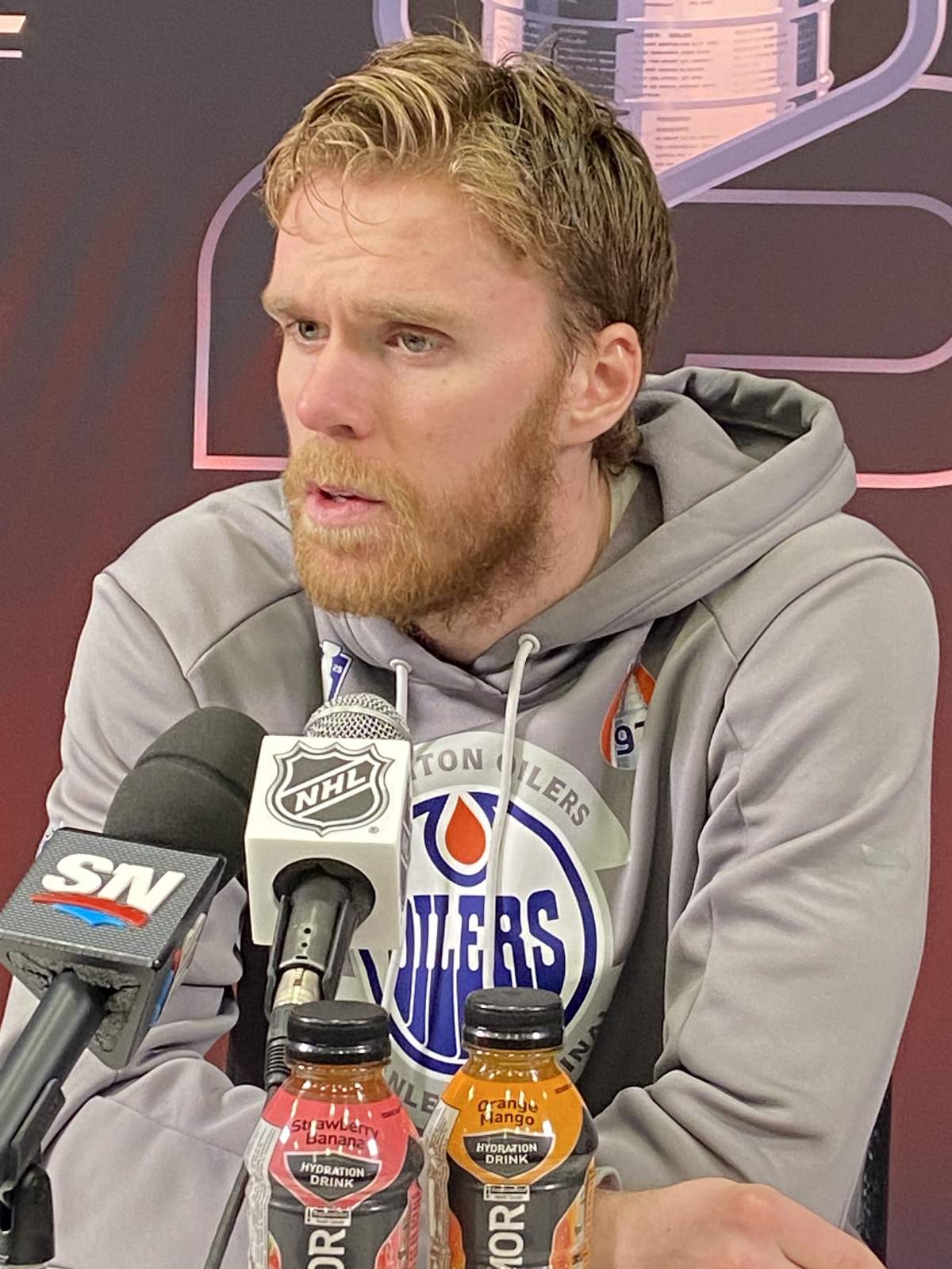 Edmonton Oilers centre Connor McDavid speaks to reporters on June 3, 2025.