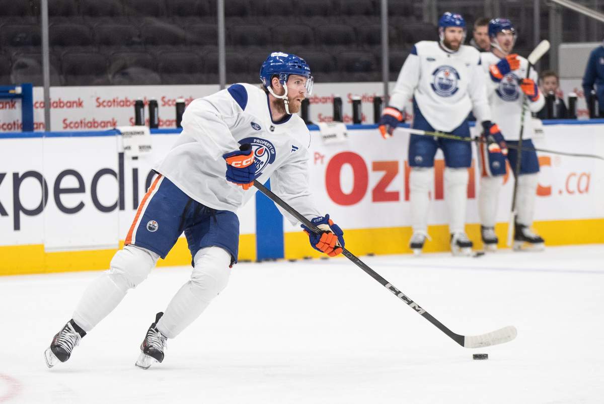 Edmonton Oilers' Connor McDavid (97) takes takes part in practice before game 1 of the Stanley Cup final against the Florida Panthers, in Edmonton on Tuesday, June 3, 2025.