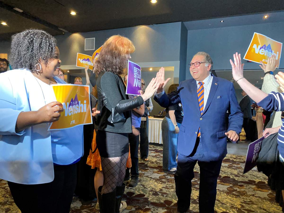 Alberta NDP Leader Naheed Nenshi is seen in Edmonton on June 23, 2025 on a night he was aiming to win a seat in a provincial byelection in Edmonton-Strathcona.