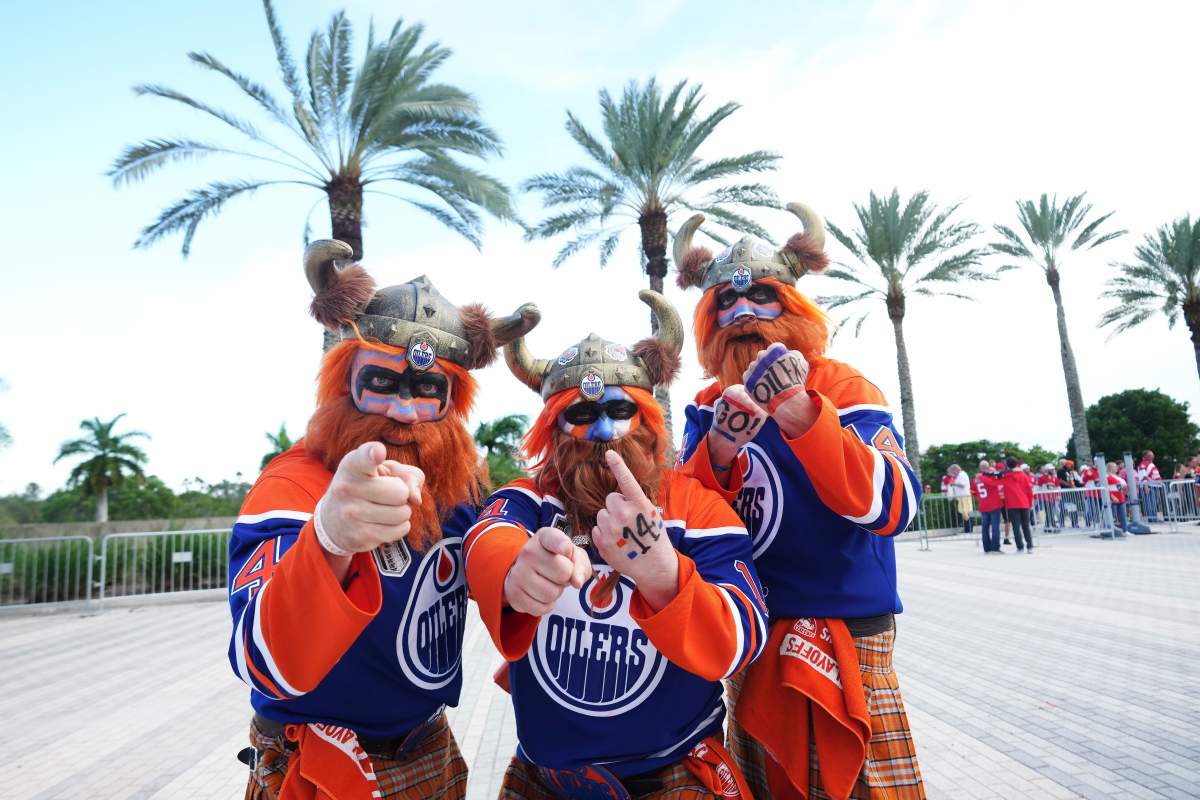Fans show their support for the Edmonton Oilers before they take on the Florida Panthers in Game 3 of the Stanley Cup final in Sunrise, Fla., on Monday, June 9, 2025.