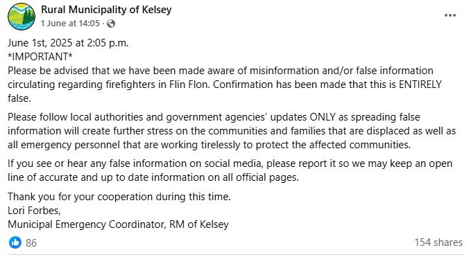 The RM of Kelsey's Facebook post about misinformation of firefighters' wellbeing.