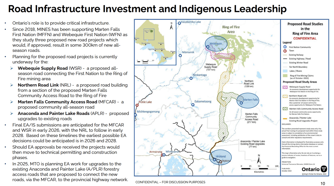 A slide presented to Minister Stephen Lecce outlining the timelines for a road to the Ring of Fire.