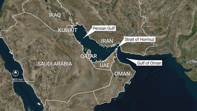 Persian Gulf region showing the Strait of Hormuz, a vital shipping route, and narrow choke point on the way to the Gulf of Oman and Arabian Sea.
