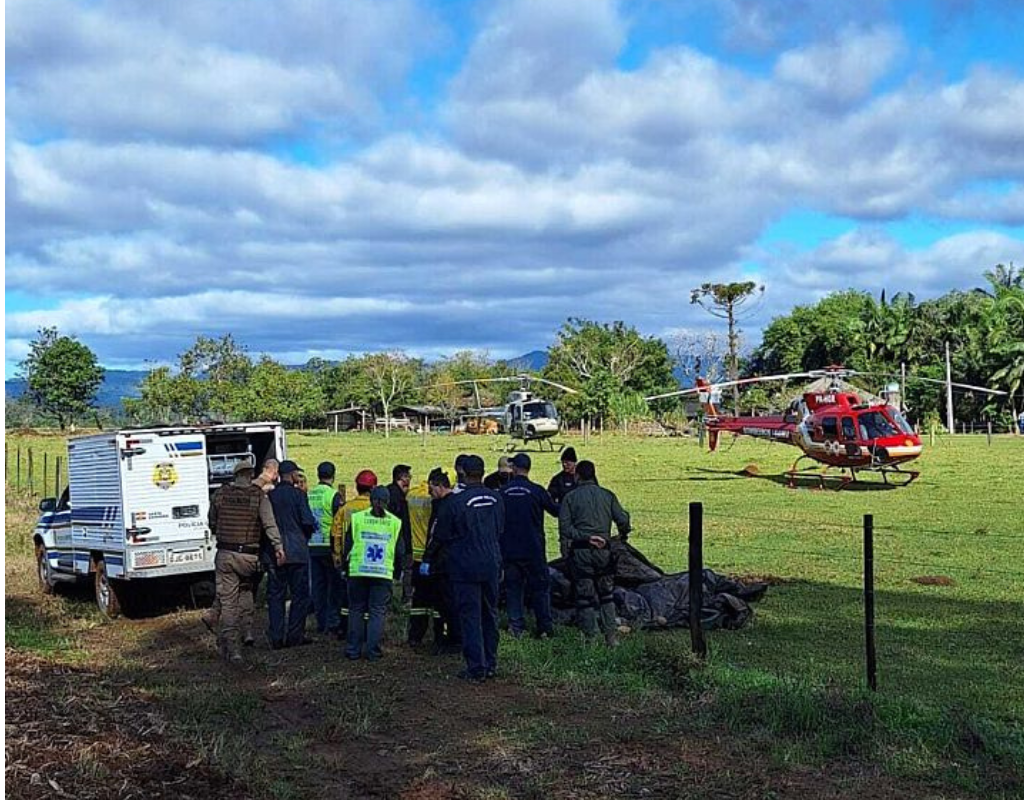 Emergency services operate at the area where a hot air balloon crashed, leaving at least 8 dead in Santa Catarina, Brazil on June 21, 2025.