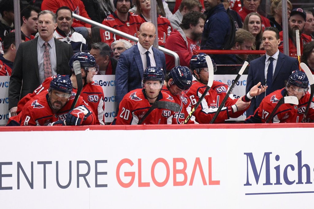 FILE - Washington Capitals head coach Spencer Carbery, center, in action during the first period of an NHL hockey game against the Detroit Red Wings, Friday, March 7, 2025, in Washington.