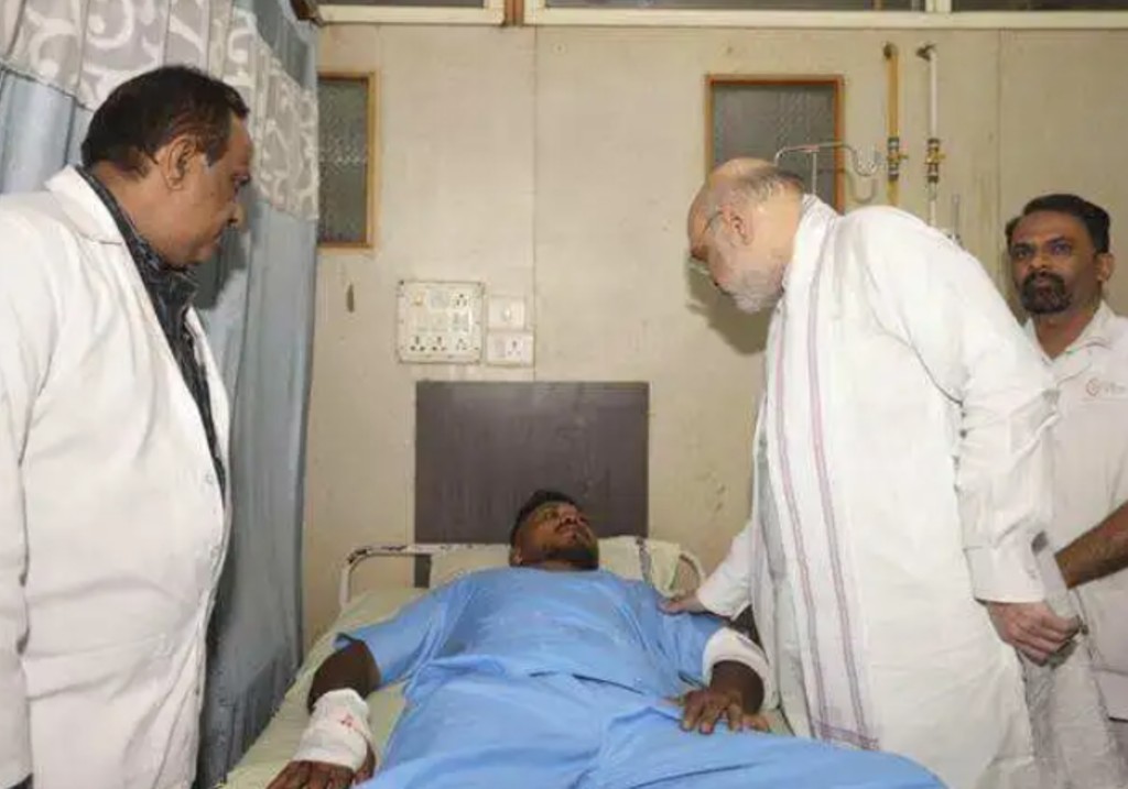Home Affairs Minister Amit Shah meeting British plane crash survivor Vishwash Kumar Ramesh, 40, at a hospital in Ahmedabad after Air India confirmed he was the sole survivor of the 242 people on board the London-bound Boeing 787 Dreamliner.
